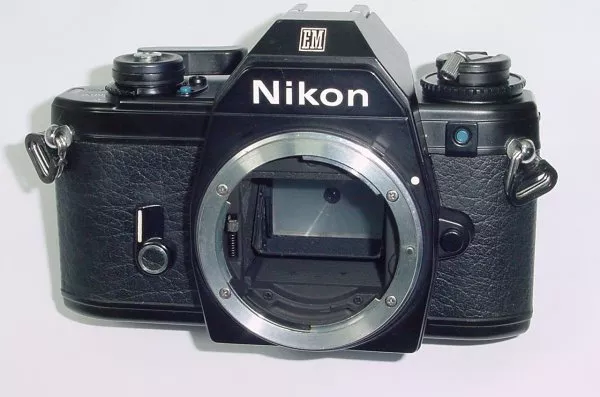 Nikon EM 35mm SLR Film Camera Body hot with 35mm f/2.8 lens (film tested) #3594